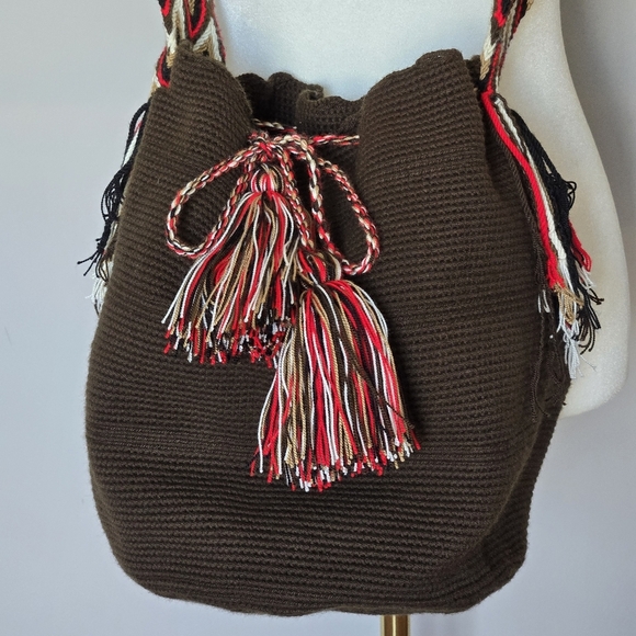Wayuu Tribe Rio Wayuu Bag Brown Boho Bucket Tassel Crochet - Picture 3 of 10
